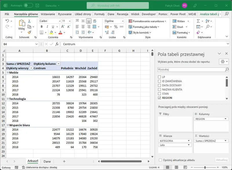 Praca z tabelami przestawnymi