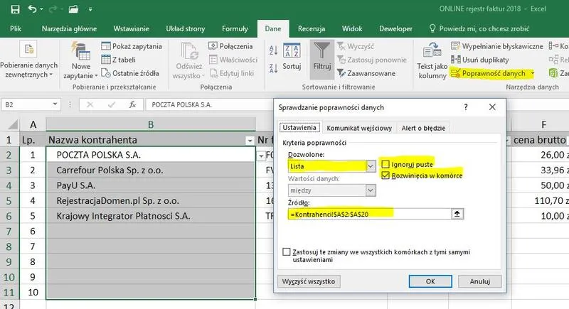 Zarządzanie listami w Excelu